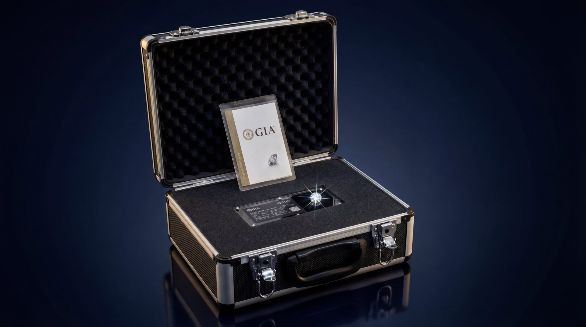 GIA-certified diamond in STIG International display case with grading report